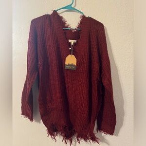 Boutique Maroon Frayed Sweater Size Medium